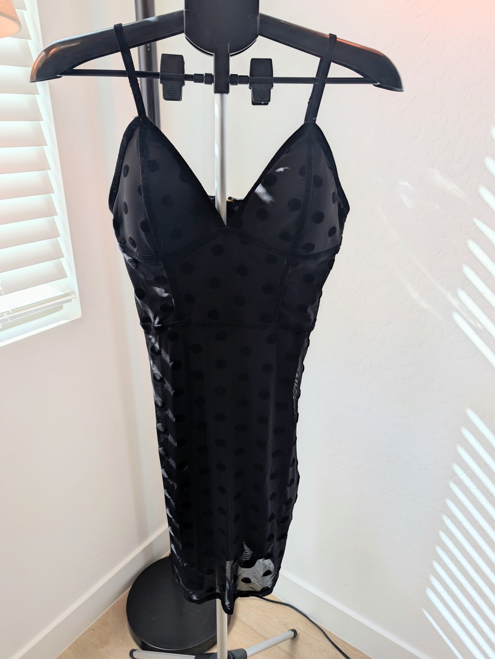 Guess Midi Black Polka Dot Slip Dress with Spaghetti Straps